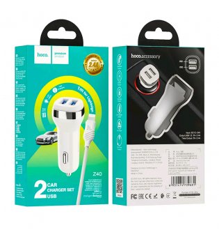 hoco. premium Car Charget 2USB Z40 1m Lightning белая 2.4А