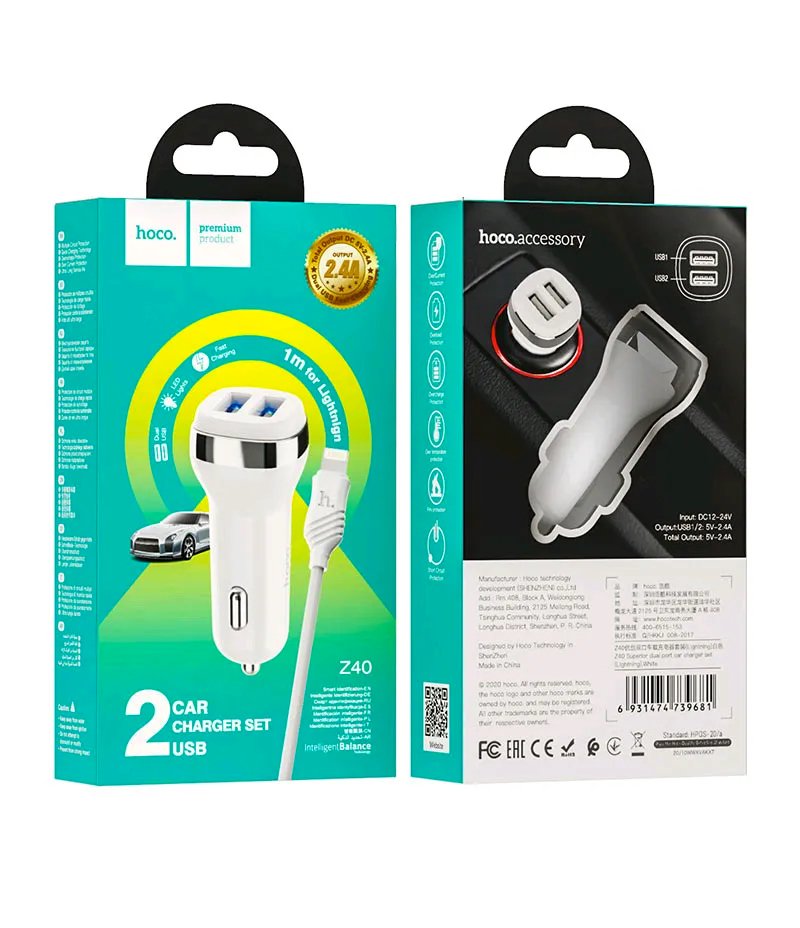 hoco. premium Car Charget 2USB Z40 1m Lightning белая 2.4А